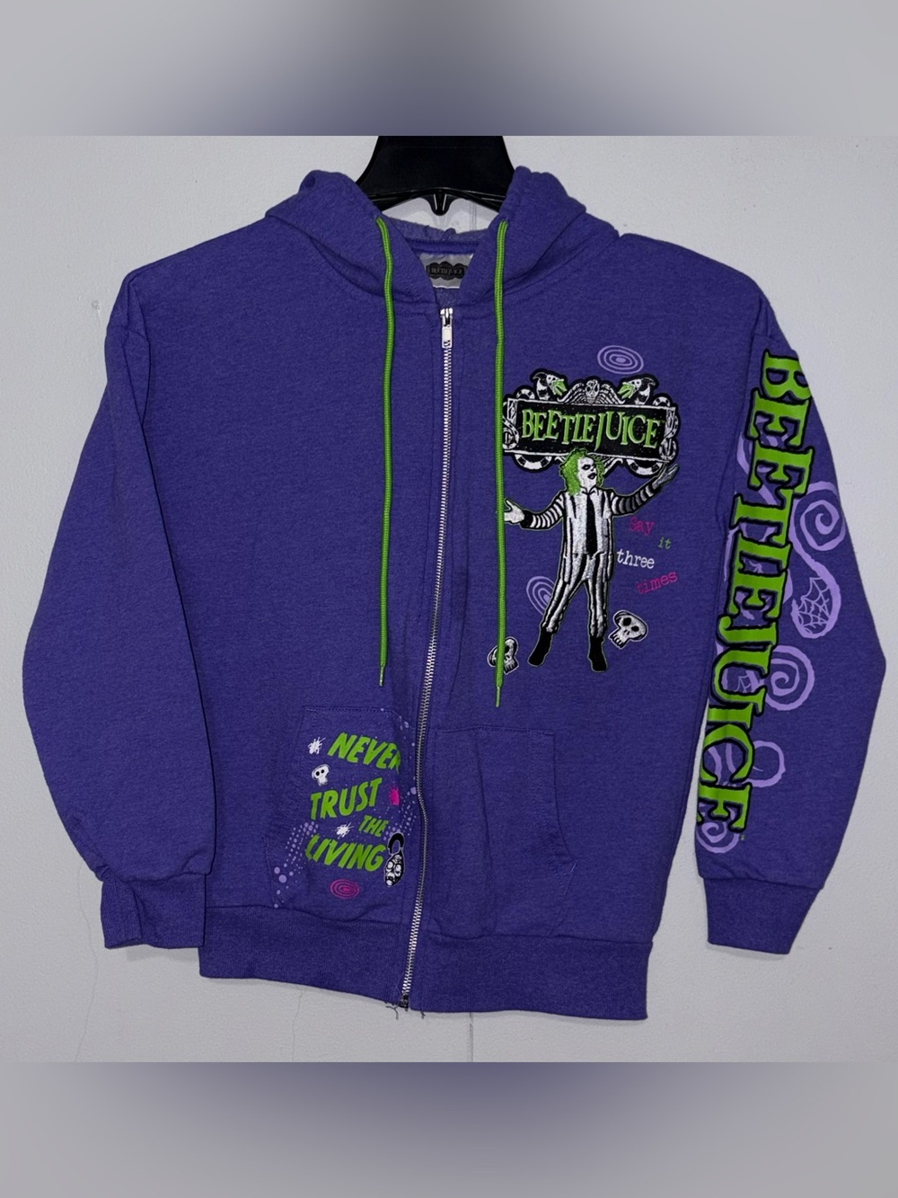 Beetlejuice Purple Graphic Embroidered Zip Hoodie Women XXS